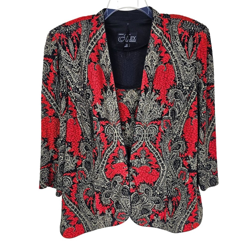 Alex Evenings‎ 2 Piece Jacket Set 2X Red Black Paisley Gold Shimmer Cocktail